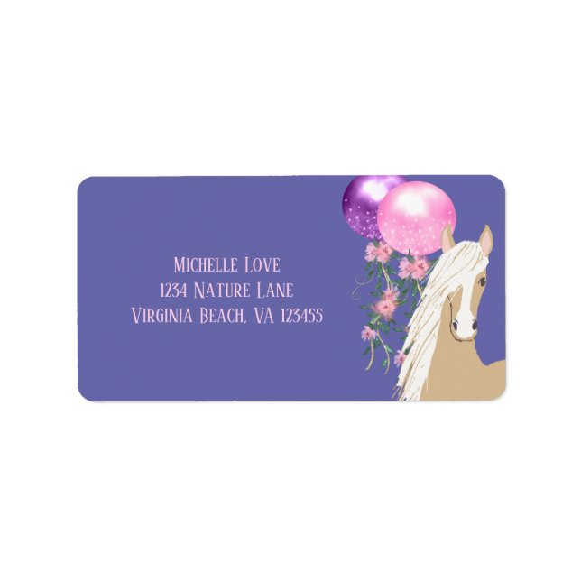 Pretty Horse and Balloons on Periwinkle Address Label (Front)