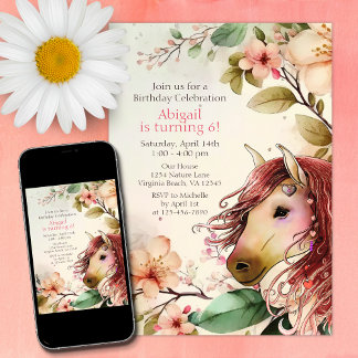 Pretty Horse and Flowers Birthday Invitation