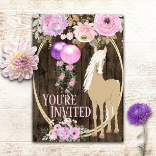 Pretty Horse and Flowers on Barnwood Birthday Invitation