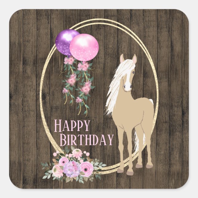Pretty Horse and Flowers on Barnwood Birthday Square Sticker (Front)