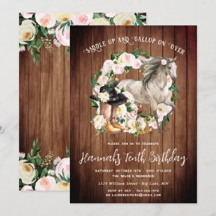 Pretty Horse and Flowers on Rustic Wood Birthday Invitation