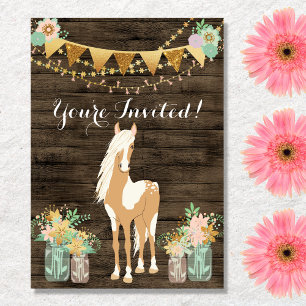 Pretty Horse and Flowers on Rustic Wood Birthday Invitation