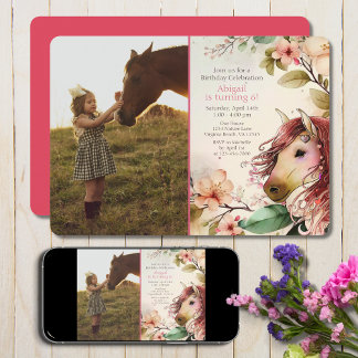 Pretty Horse and Flowers PHOTO Birthday Invitation
