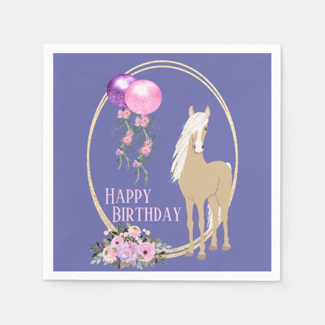 Pretty Horse and Flowers Pink Periwinkle Birthday Napkin (Front)