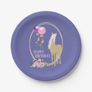 Pretty Horse and Flowers Pink Periwinkle Birthday Paper Plate