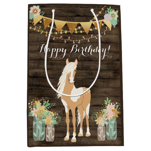 Pretty Horse and Flowers Rustic Wood Birthday Medium Gift Bag (Front)