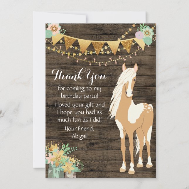 Pretty Horse and Flowers Rustic Wood  Thank You Card (Front)