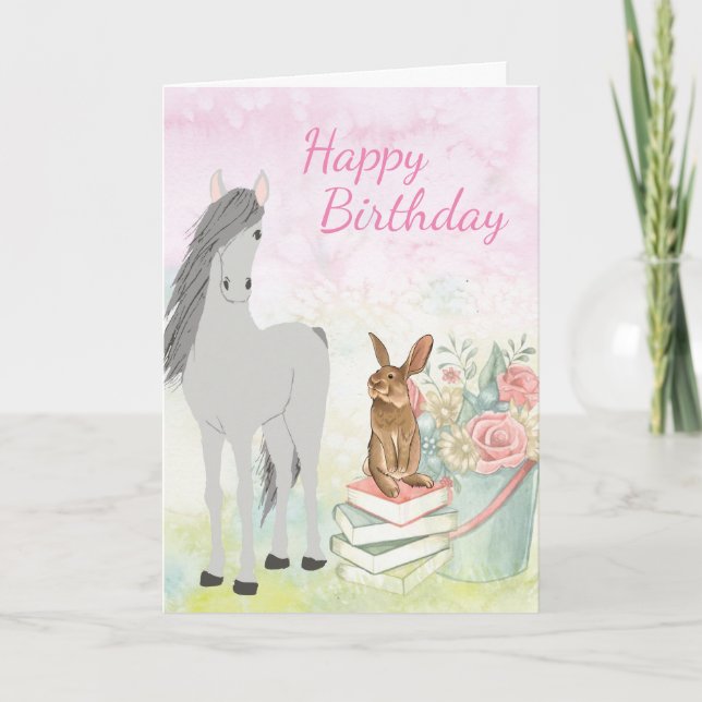 Pretty Horse, Bunny, Flowers and Books Birthday Card (Front)
