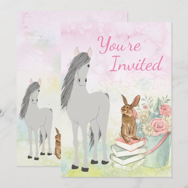 Pretty Horse, Bunny, Flowers and Books Birthday Invitation (Front/Back)