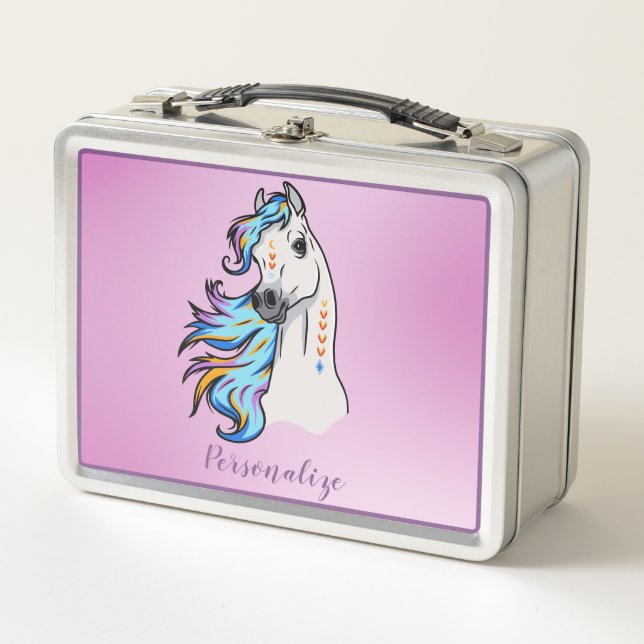 Pretty Horse Illustration Pastel Mane Personalized Metal Lunch Box (Front)