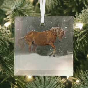 Pretty Horse in Snow Christmas Glass Ornament