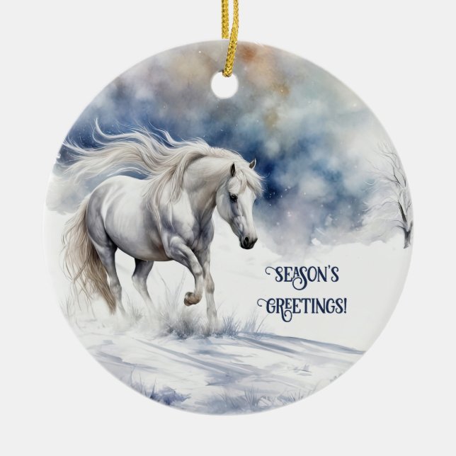 Pretty Horse in the Snow Christmas Holiday Ceramic Ornament (Front)