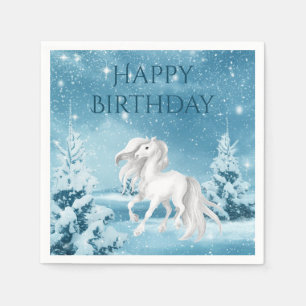 Pretty Horse on Snowy Winter Night Happy Birthday Napkin