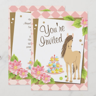 Pretty Horse, Pink Flowers and Cupcakes Birthday Invitation