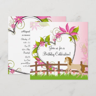 Pretty Horse, Pink Flowers and Heart Birthday Invitation