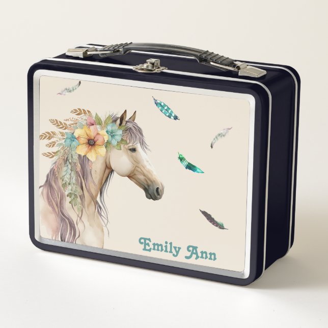 Pretty Horse with Feathers Personalized Metal Lunch Box (Front)