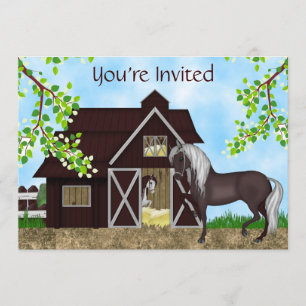 Pretty Horses and Barn Girls Birthday Invitation