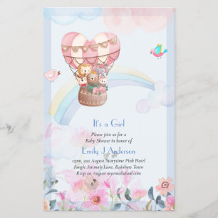 Pretty Hot Air Balloon Animals Baby Girl Shower Flyer
