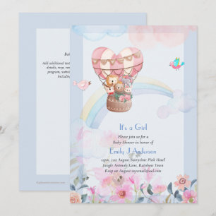 Pretty Hot Air Balloon Animals Baby Girl Shower Invitation