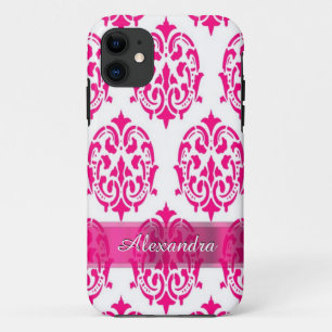Pretty hot pink and white personalized damask iPhone 11 case