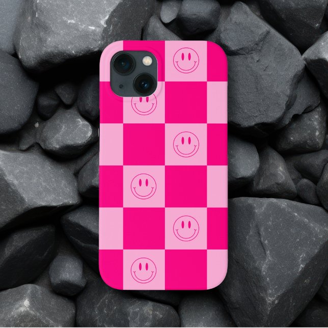 Pretty Hot Pink Chequered & Happy Smile Faces Case-Mate iPhone Case (Creator Uploaded)