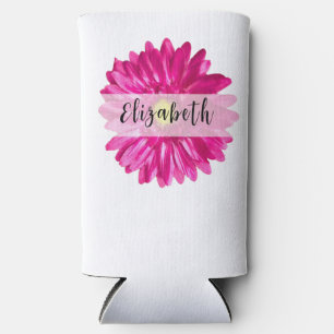 Pretty Hot Pink Daisy Custom Name and Monogram Seltzer Can Cooler