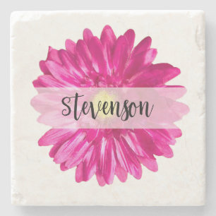 Pretty Hot Pink Daisy Custom Name Stone Coaster