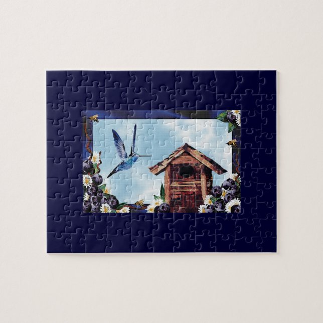 Pretty Hummingbird, Birdhouse, and Blueberries Jigsaw Puzzle (Horizontal)