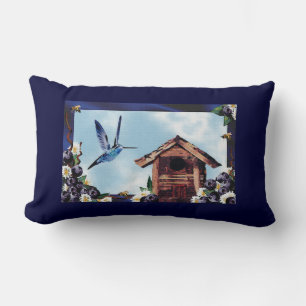 Pretty Hummingbird, Birdhouse, and Blueberries Lumbar Pillow