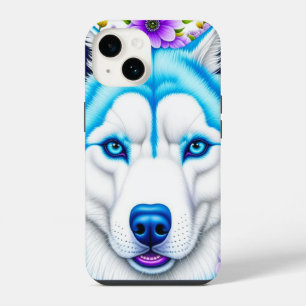 Pretty Husky with Blue Eyes and Whimsical Flowers iPhone 14 Case