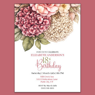 Pretty Hydrangea Rose 18th Birthday Invitation