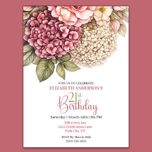 Pretty Hydrangea Rose 21st Birthday Invitation