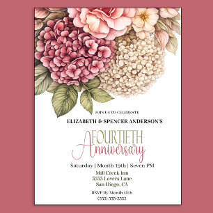 Pretty Hydrangea Rose 40th Anniversary  Invitation