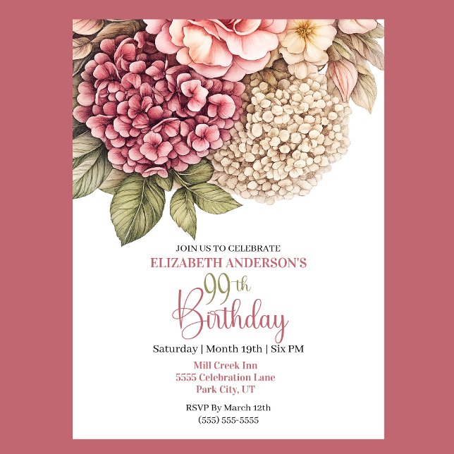 Pretty Hydrangea Rose 99th Birthday Invitation (Pretty Hydrangea and Rose 99th Birthday invitation For Women.)