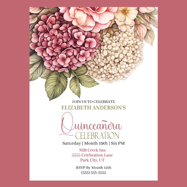 Pretty Hydrangea Rose Quiceanera Birthday Invitation (Pretty Hydrangea and Rose Quinceanera Invitation)