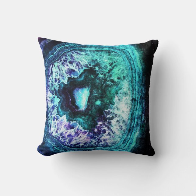 Pretty Icy Turquoise and Purple Geode Crystal Throw Pillow (Front)