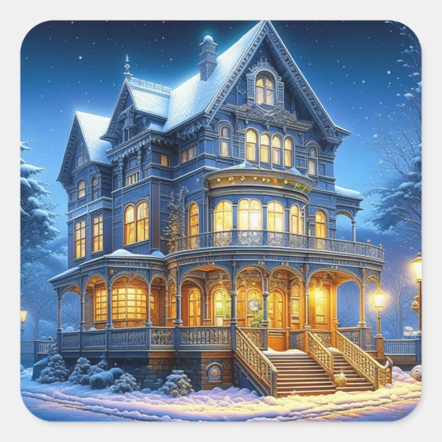 Pretty Illuminated Victorian House Holiday Square Sticker (Front)