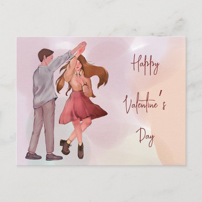 Pretty Illustrated Dancing Couple Valentine’s Day Postcard (Front)