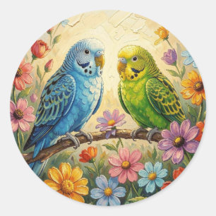 Pretty Impasto Blue and Green Parakeets Classic Round Sticker