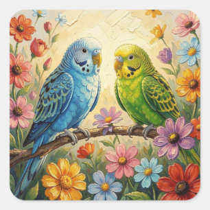 Pretty Impasto Blue and Green Parakeets   Square Sticker