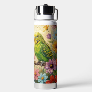 Pretty Impasto Blue and Green Parakeets   Water Bottle