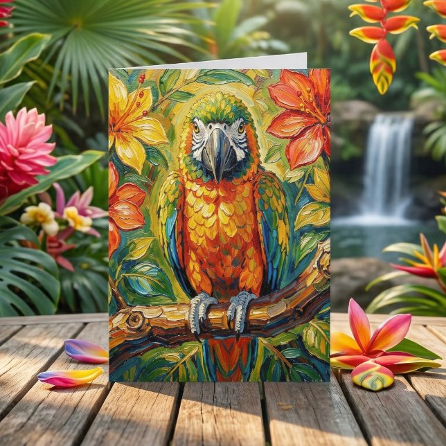 Pretty Impasto Colorful Parrot Thinking About You Card (Creator Uploaded)