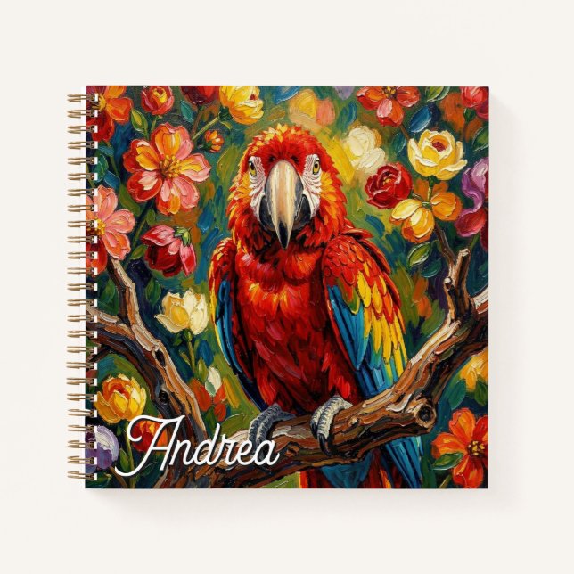 Pretty Impasto Macaw Parrot Personalized Notebook (Front)