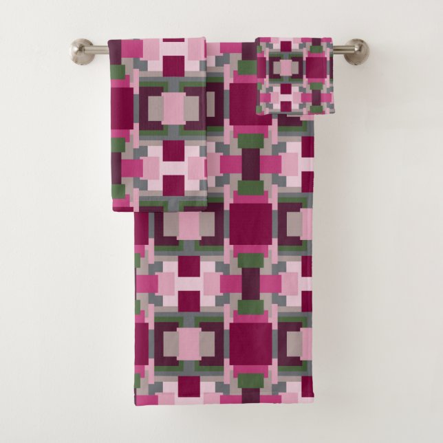 Pretty In Pink And Green Colour Block Bath Towel Set (Insitu)