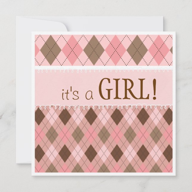 Pretty in Pink Argyle It's a Girl Baby Shower Invitation (Front)