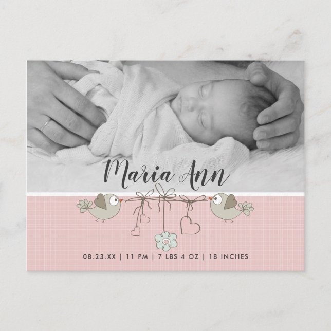 Pretty In Pink B&W Photo Birth Announcement Postcard (Front)