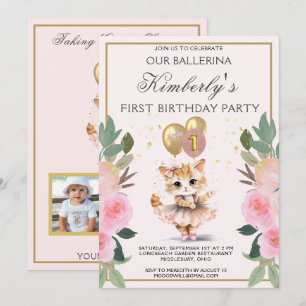 Pretty in Pink Ballerina Girl First Birthday Invitation
