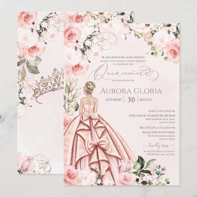 Pretty in Pink Beautiful Rose Elegant Quinceanera  Invitation (Front/Back)