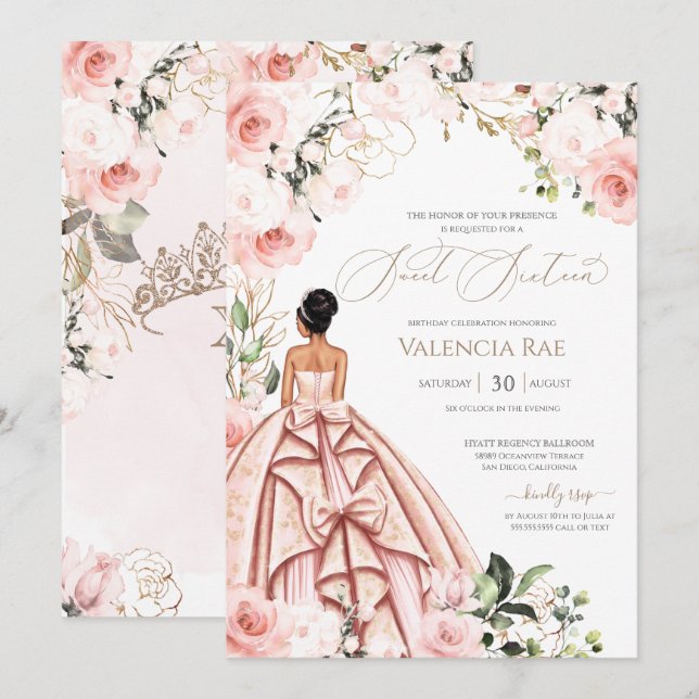 Pretty in Pink Blush Gown Roses Sweet 16 Birthday Invitation (Front/Back)