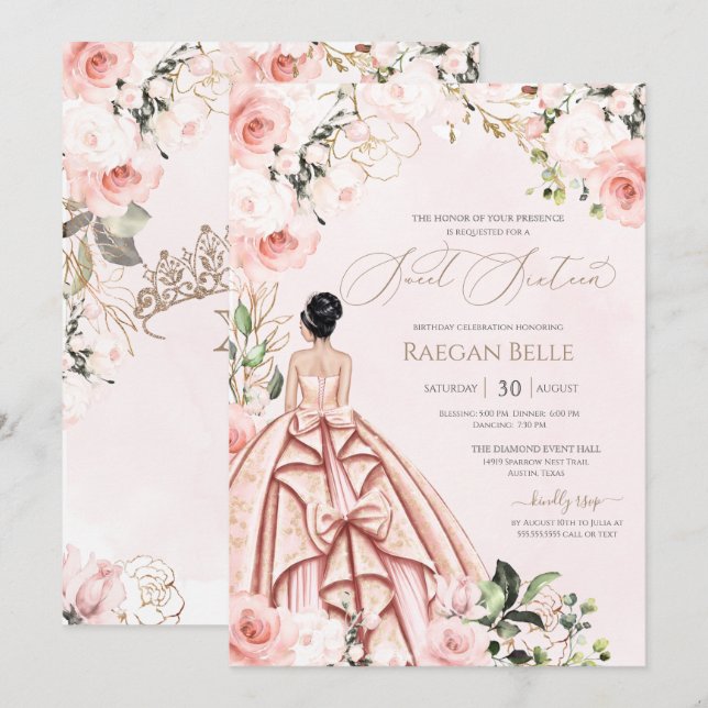 Pretty in Pink Blush Roses Sweet 16 Birthday Invitation (Front/Back)